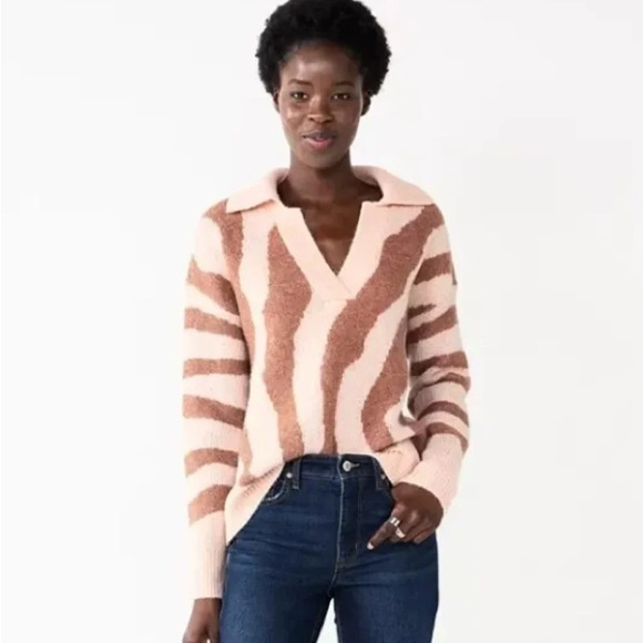 Nine West Polo V-Neck Collar Mauve Zebra Print Sweater Size Small NWT - Picture 2 of 7